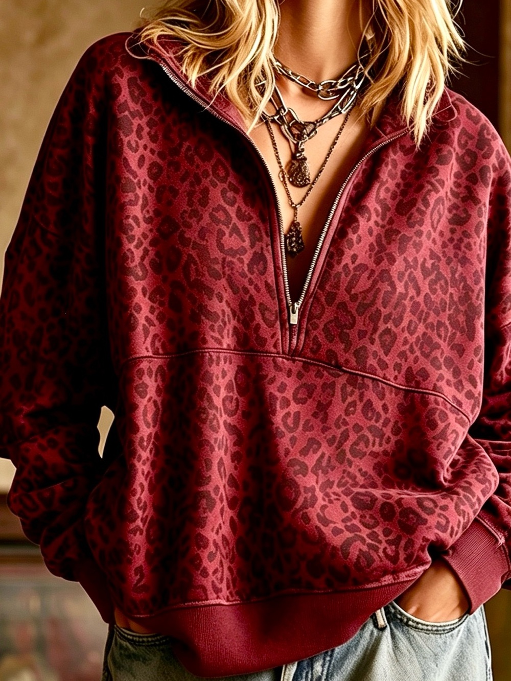 ♥️Leopard Print Half-Zip Oversized Sweatshirt- Burgundy